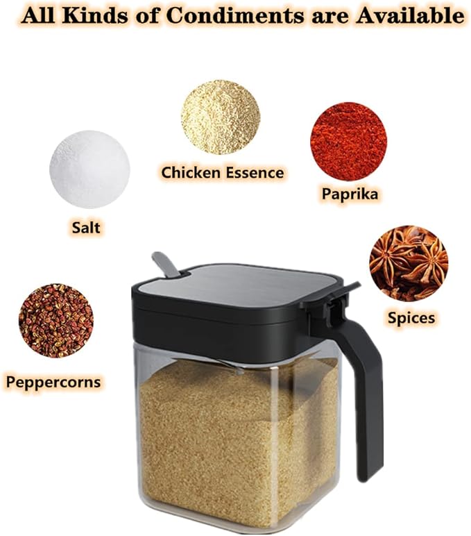 Glass Condiment Spice Jars,5.6Oz/255 ml Condiment Jar Spice Container with Lids and Spoons and Tray,Clear Glass Condiment Canisters Pots for Salt Pepper,Seasoning Box 3 Set for Kitchen Counter