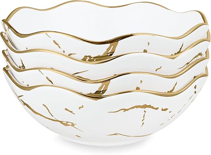 Fanquare 16oz Gold Marble Pasta Bowls Set of 4, 7" Porcelain Salad and Cereal Bowls, Modern Kitchen Serving Set