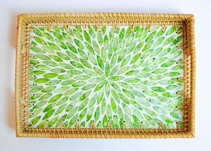Magenta & Teal Decorative Rectangle Rattan Serving Tray 13x9 inch Mother of Pearl Inlay, Wicker Coffee Table Decor, Farmhouse (Green Petals)