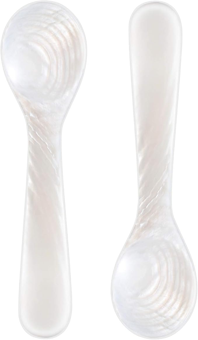 Patelai 2 Pieces Set of Caviar Spoons Mother of Pearl Spoons with Handcraft Round Handle for Caviar, Egg, Ice Cream, Coffee, Kitchen, Restaurant Serving for Valentine Favors (8cm/3.15 Inch)