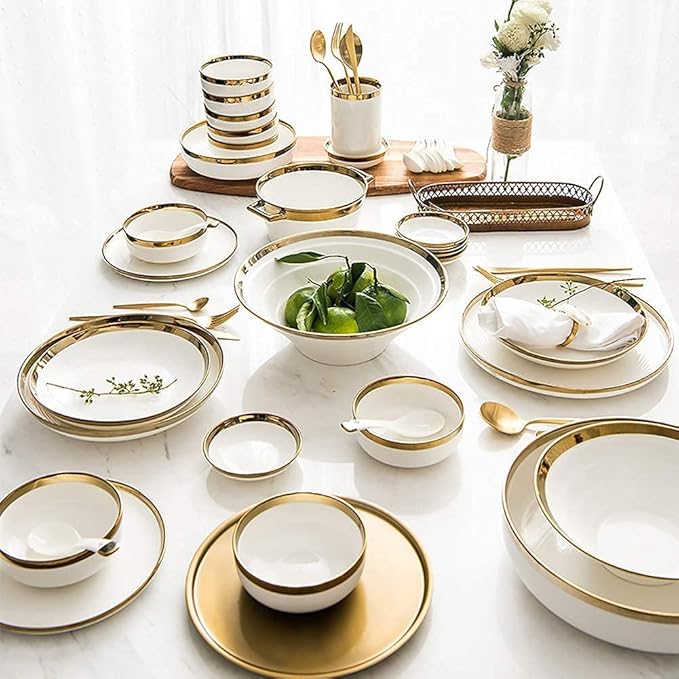 Dinnerware Set,Gold Halo White Porcelain Dinnerware Set, Complete Ceramic Plates and Bowls Sets, Modern Creativity Vintage Round High Class Dishes Set, Luxurious Mel