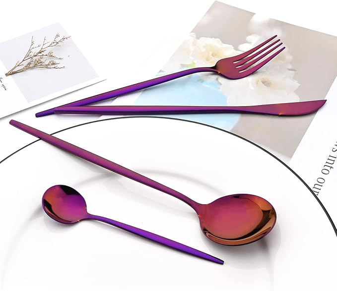24Pcs Purple Mirror Silverware Flatware Set, 18/0 Stainless Steel Cutlery Set Utensils Kitchen Dinnerware Include Knife Fork Spoon and Teaspoon, Service for 4