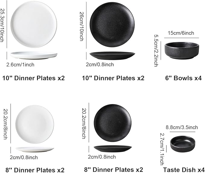 16-Piece Dinner Sets Black White Porcelain Dinnerware Set, Service for 4, Frosted Dinnerware, Kitchen Ceramic Dinsh Set - 4 X Dinner Plates/Salad Plate/Bowls/Taste Dish,