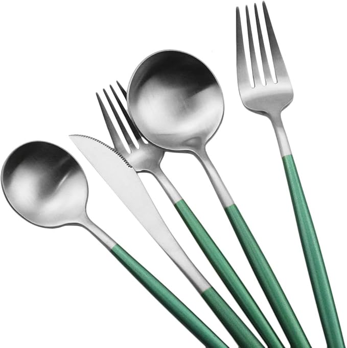Gugrida Luxury Flatware, Royal 20 Piece Matte White Handle 18/10 Stainless Steel Tableware Sets for 4 Including Forks Spoons Knives, Camping Silverware Travel Utensils Set Cutlery (Green Silver)