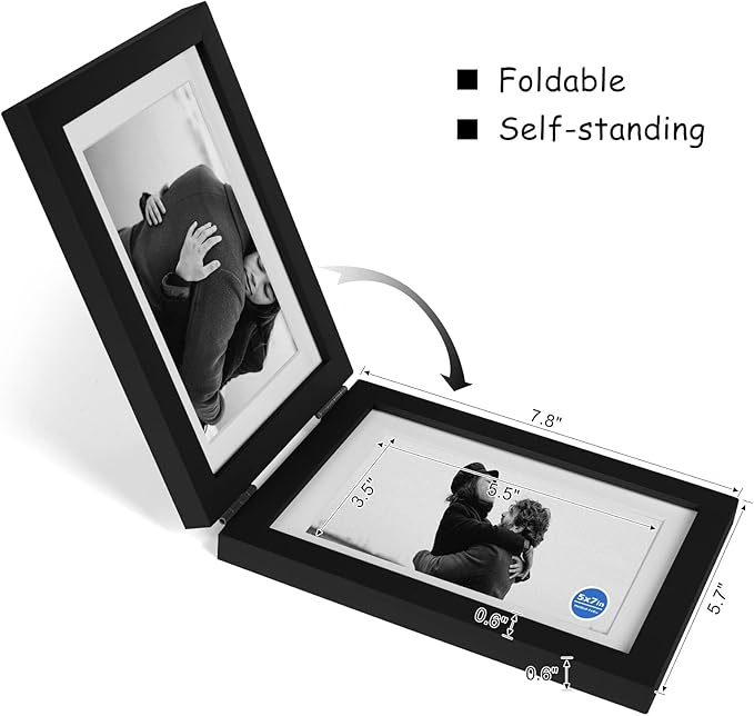 5x7 Double Horizontal Hinged Wood Picture Frame Folding Photo Frame with Real Glass Front in Black for Tabletop, Display 4x6 with Mat or 5x7 without Mat P-HEI-2H57