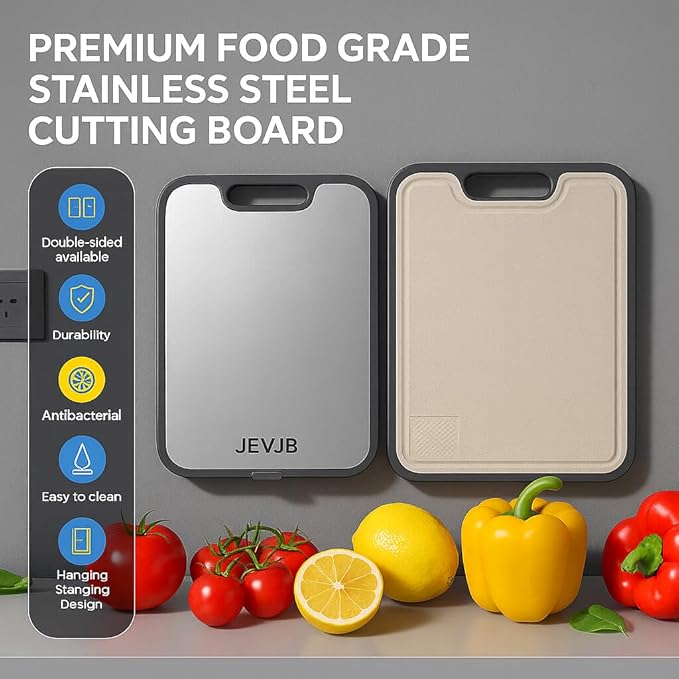 Stainless Steel Cutting Board, Metal Cutting Board 15"x10", Double-Sided Steel Chopping Board, Hygienic Non-Porous, Easy Clean Wheat Straw PP