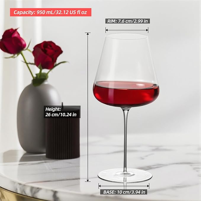 KAMMAK Wine Glasses Set of 2, 32.12 oz Hand Blown Crystal Bordeaux Wine Glasses, Thin Rim & Long Stem, Perfect for Red & White, Daily Use, Wedding or Birthday Gift with Gift Box, 2G-7