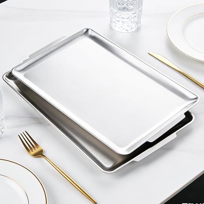 2 Pack 304 Stainless Steel Serving Platters 16x11 Inch Large Rectangular Stainless Steel Tray for BBQ Korean Meat, Professional Sizzle Platter for Home Party and Restaurant (Silver)