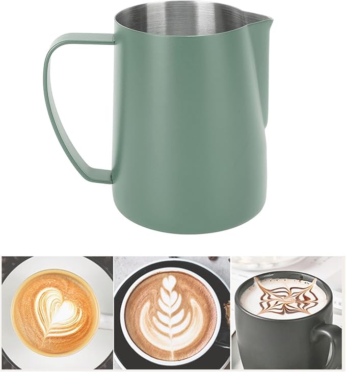 Milk Frothing Pitcher, 480ml 16oz Stainless Steel Steaming Pitcher Milk Frother Cup with Scale and Pointed Mouth for Espresso Cappuccino Latte Coffee Art, 4.4 x 3.5in (Green)