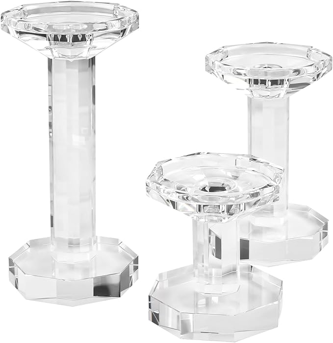 kitCom Crystal Candle Holders Set of 3, Crystal Candlestick Holders for Taper, Long Candles - Home Decoration, Wedding, Housewarming and Graduation Gifts