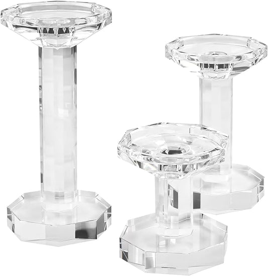 kitCom Crystal Candle Holders Set of 3, Crystal Candlestick Holders for Taper, Long Candles - Home Decoration, Wedding, Housewarming and Graduation Gifts