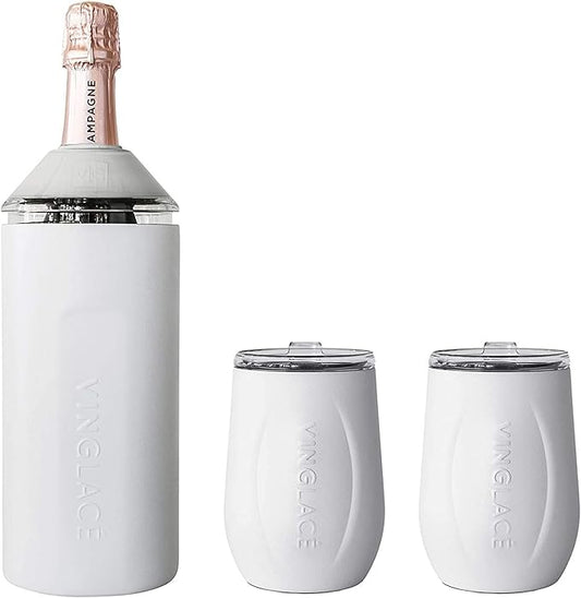 Vinglacé Wine Bottle Chiller Gift Set- Portable Stainless Steel Wine Cooler with 2 Stemless Wine Glasses, White