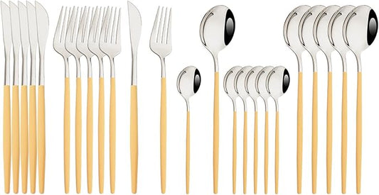 JASHII Flatware Set 24 Piece, Stainless Steel Silverware Set, Macaron Small Fresh Color Cutlery Set, Modern Elegant Tableware Set for Party, Christmas, Dinner (Yellow Silver)