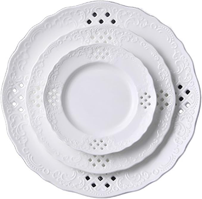 Kitchen Plates Hollow Out Dessert Plate White Disc Home Kitchen Restaurant Coffee Shop Flat Plate Ceramic Fruit Plate Round Fruit Tray Restaurant Plates(A)