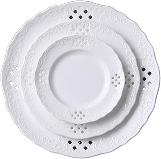Kitchen Plates Hollow Out Dessert Plate White Disc Home Kitchen Restaurant Coffee Shop Flat Plate Ceramic Fruit Plate Round Fruit Tray Restaurant Plates(A)