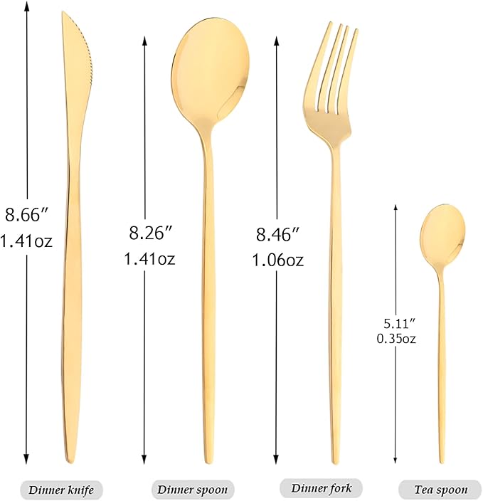 24-Piece Mirror Gold Polished Flatware, 18/0 Stainless Steel Dinnerware Set Include Knife Fork Spoon Teaspoon Cutlery Set For Home Restaurant and Party Service For 6, Dishwasher Safe