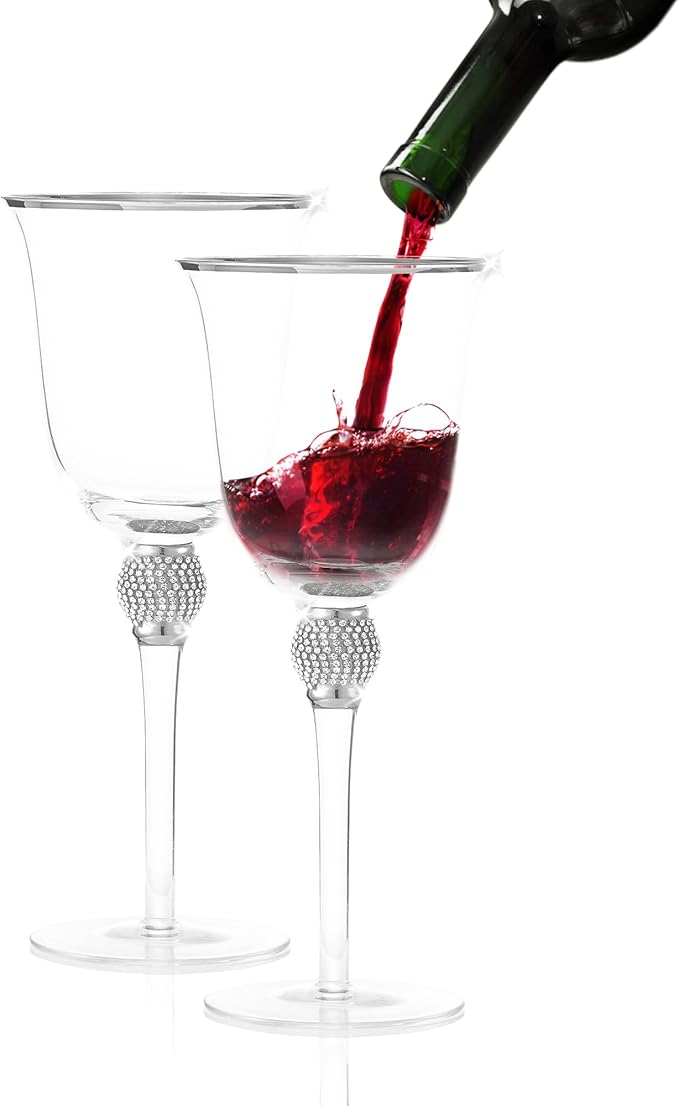 Premium Wine Glasses Set of 2 - Crystal Long Stem Wine Glass with Silver Rim & Rhinestone Design - 18 oz
