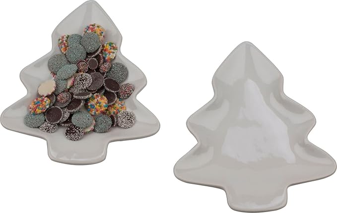 Holiday Ceramic Dinnerware Set - 2 Snow White Tree Dinnerware Service Set/Candy Dish- Fun Party Set - Oven, Microwave Safe