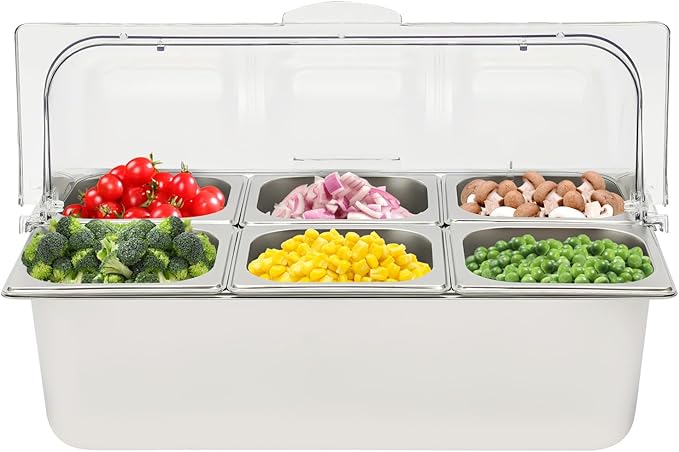 Countertop Food Serving Display Container Stainless Steel Food Serving Tray Buffet Condiment Dispenser Display Rack w/Clear Roll Top Cover for Restaurant Hotel Kitchen Party