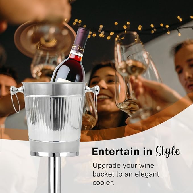 Vertical Striped Nickel Plated Majestic Wine & Ice Bucket with Steel Bucket Stand | Wine Chiller On Stand Kitchenware Bar Ware | Beverage Barware Accessories