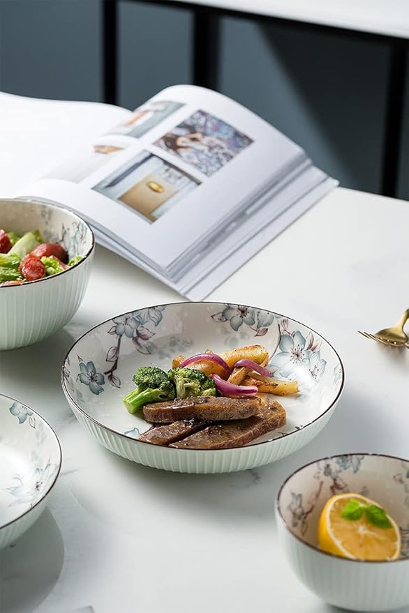 Ceramics Dinnerware Set, 16 Pcs Modern White Underglaze Color Dinner Set, Porcelain Bowls and Plates Sets, Stoneware Dishes Set, Tableware Combination Set - Plates/Bowls/