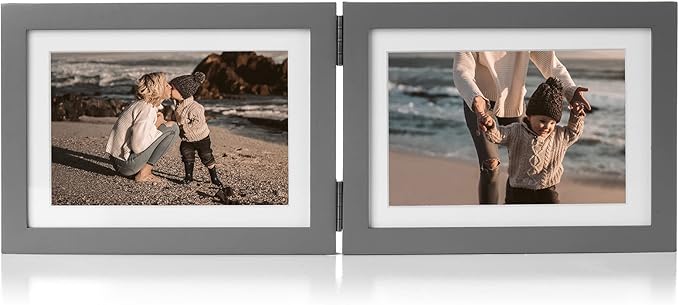 5x7 Double Horizontal Hinged Wood Picture Frame Folding Photo Frame with Real Glass Front in Gray for Tabletop, Display 4x6 with Mat or 5x7 without Mat P-HUI-2H57