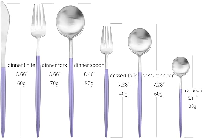 24-piece Snplowum Silver Satin Finished Serving Set, 18/10 Stainless Steel Flatware With Purple Round Hanle For Daily Use Salad Coffee Include Knife/Fork/Spoon, Service For 4 (Purple Silver)
