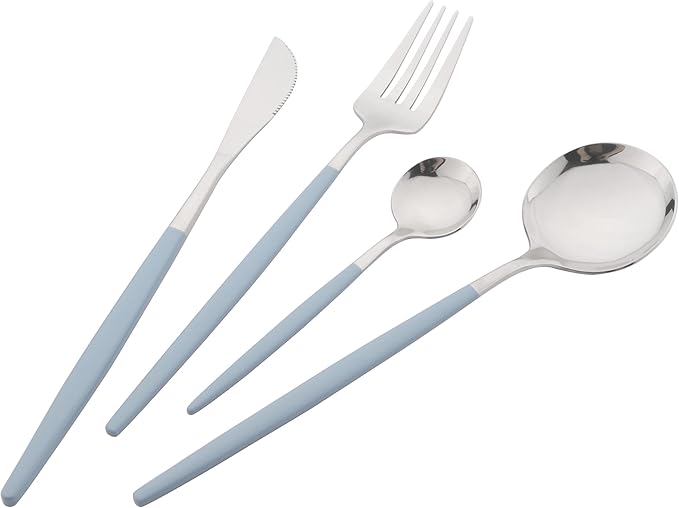 Silverware Set, 24 Pcs Stainless Steel Flatware Cutlery Set, Knives Forks and Spoons Set with Colored Handles, Rust-proof Serving Utensils, Mirror Polished, Service for 6 (Silver+Blue)