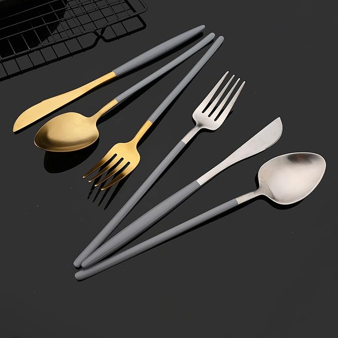 JASHII Matte Grey and Gold Silverware Set, 304 Stainless Steel Flatware Set Service for 4, Tableware Cutlery Set for Home Restaurant Party, Dinner Forks/Spoons/Knives, Slim Handle, Dishwasher Safe