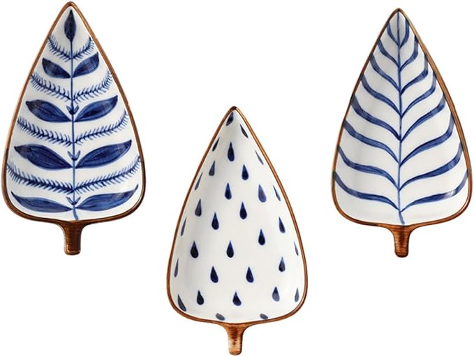 BESPORTBLE Creative 3pcs Japanese Hand-painted Ceramic Snack Plates Set with Seasoning Bowls and Dried Fruit Trays, Assorted Leaf and Watergrass Designs, for Appetizers and Fruit Random Color