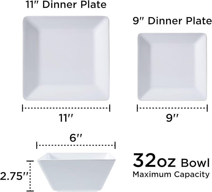 TP 12-Piece Dinnerware Set, Melamine Dishes Set with Bowls and Plates, Non-breakable and Lightweight Square Dinner Set for 4, White
