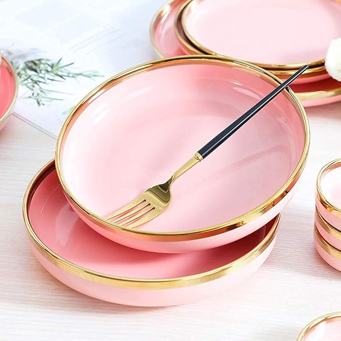 Nordic Style Tableware Set, Ceramic Plate And Bowl Set, Family Restaurant Tableware, 2/4/6 Person Tableware Set, Handmade Ceramic Utensils (Pink 26 pcs)