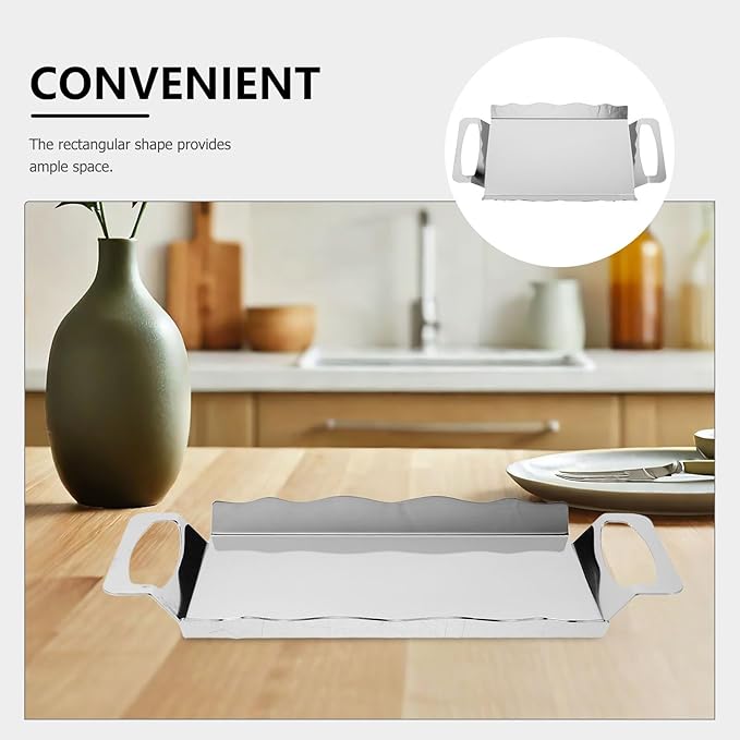BESPORTBLE Rectangular Stainless Steel Serving Tray with Handles, Medium Silver Chrome Plated Double-Ear Platter 28x15.3cm for Tea, Coffee, Buffet, and Party Serving