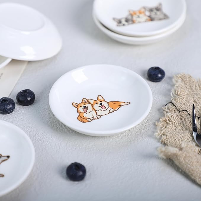 Cute Cartoon Animals Pattern Ceramic Sauce Dishes, Seasoning Dishes, Sushi Soy Dipping Bowls, Appetizer Plates, Dessert Plates, Little Cat Bird Feeding Bowls, Set of 6-Corgi-A-3.5 Inch