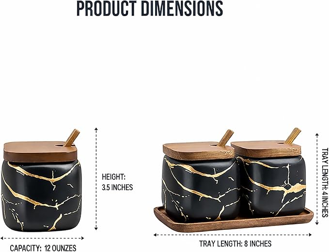 2 Sets of Marble Ceramic Sugar Bowl Ceramic Seasoning Jars with Wooden Lid and Wooden Spoon(Black and White)