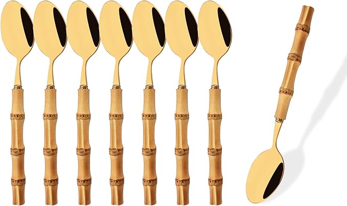 Stainless Steel Flatware Set, Bamboo Handle Silverware Set, Reusable Eating Utensils for Home Kitchen and Restaurant, Modern Gold Cutlery Set, 8 Pieces Dessert Spoons