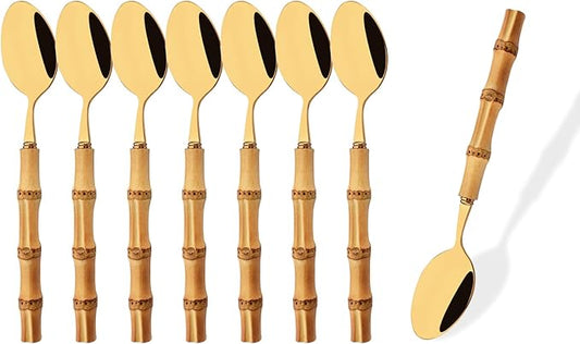 Stainless Steel Flatware Set, Bamboo Handle Silverware Set, Reusable Eating Utensils for Home Kitchen and Restaurant, Modern Gold Cutlery Set, 8 Pieces Dessert Spoons