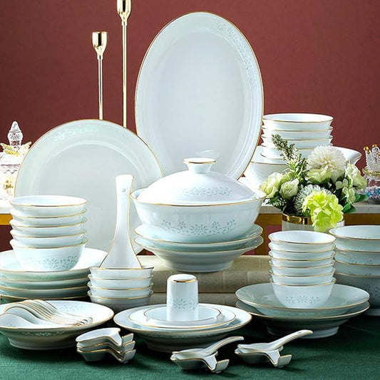 Classic Pottery Tableware,Ceramics Dinner Sets, 60 Pieces Hollow Out Phnom Penh Dinnerware Set | Plate/Bowl/Soup Pot - White Porcelain Combination Set