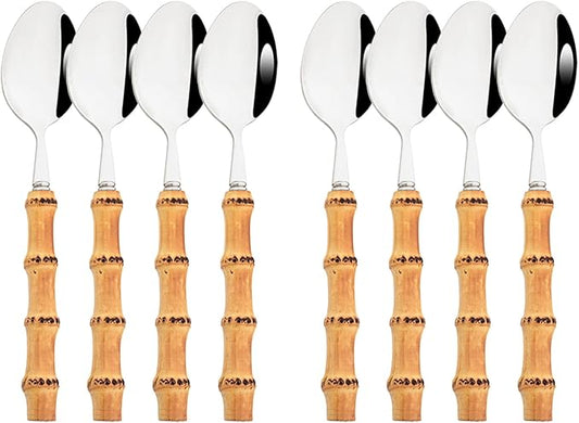 8pcs Dessert Spoon, Shiny Silver Stainless Steel With Natural Bamboo Handle, Large Teaspoon Stirring Spoons For Daily Use, 7.87-inch