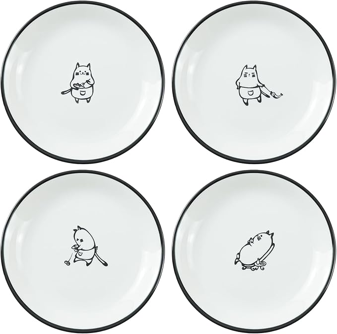 SOCOSY Cute Cartoon Chef Cat Ceramic Seasoning Dishes Sauce Dish Sushi Dipping Bowl Appetizer Plates Tea Bag Holder Serving Dish for Kitchen, 5 Inch, Set of 4