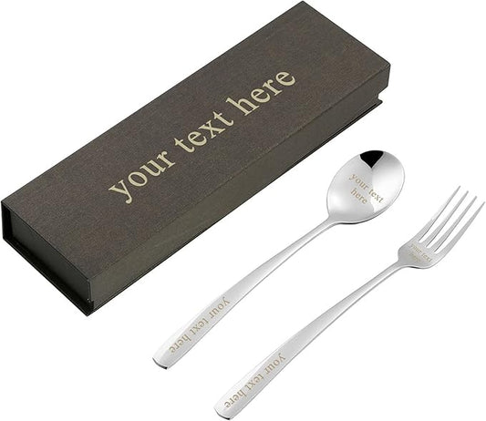 Personalized Flatware Set, Yoption Stainless Steel Customized Engraved Spoon and Fork Kit with Gift Box, Unique Gift (Customized Round Spoon & Fork, 1)
