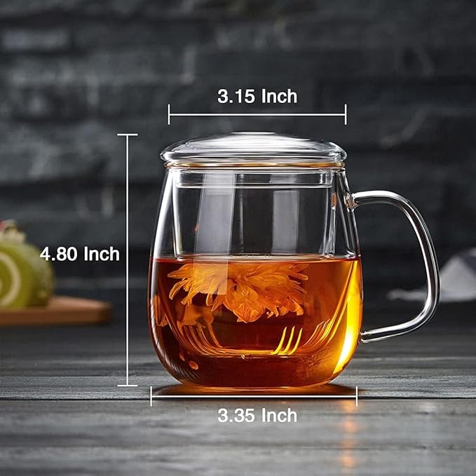 Glass Teacups 24 Pack Glass Tea Cup with Infuser and Lid, 17.6oz/520ml Large Borosilicate Teacup,Tea Clear Mug Cup for Loose Leaf Blooming Tea, Microwave & Dishwasher Safe.