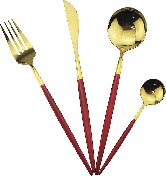 Gugrida Shiny Silverware Set, Elegant Life 5-Piece Stainless Steel Flatware Set Service for 1, Include Fork Spoon Knife, Tableware Cutlery Set for Home and Restaurant, Safe in Dishwasher（Red/Gold）