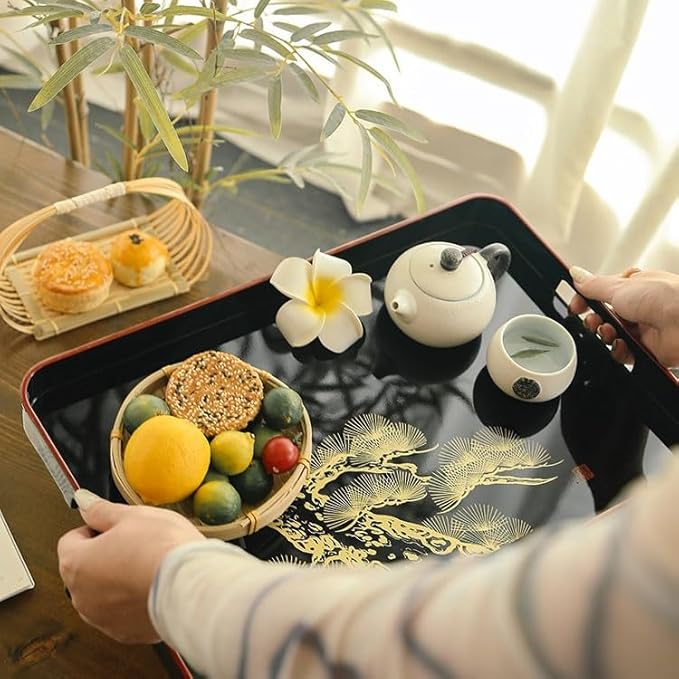 SABALON Foodtray Front Heavy Lacquerware Long Hand Tray Japanese Style Hand-Painted Fruit Wedding Housewarming Gift Tea Dining Serving(A)