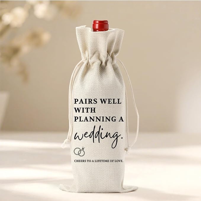 Wedding Planning Gifts, Pairs Well With Getting Engaged, Engagement Wine Bag, Bridal Shower Gift, Burlap Bottle Bags With Drawstring for Wedding Reception Event Party Dinner Bachelorette Party