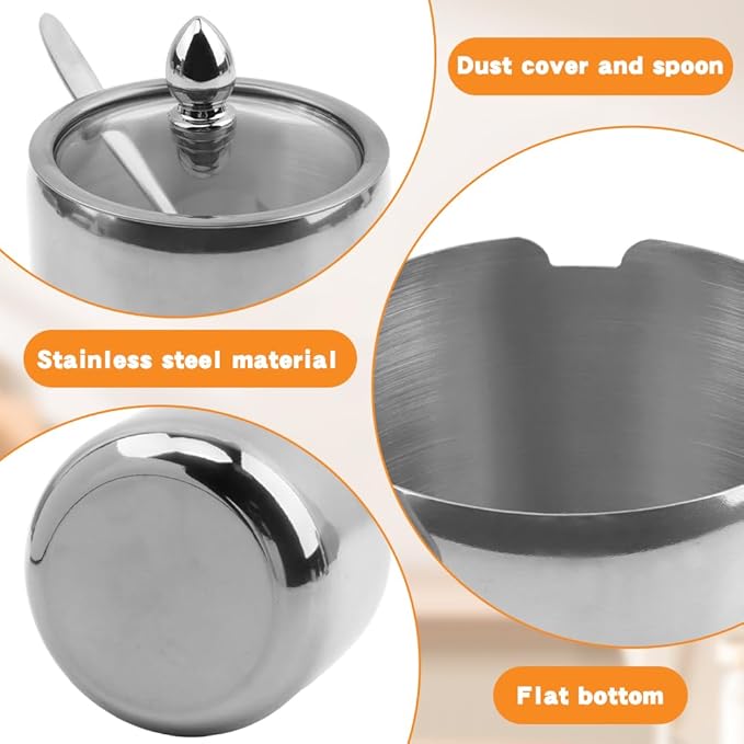 10oz Sugar Bowl with Lid and Spoon, Durable Sugar Pot for Coffee Bar Accessories, Stainless Steel Holder Jar for Salt, Tea, Candy, Home and Kitchen Storage(Silver)