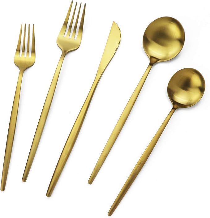 Gold Silverware Set JASHII 40 Pieces Flatware Set 304 Stainless Steel Flat Cutlery Set for 8 Matte Kitchen Forks Knife Spoons Set, Satin Finish Tableware Set for Home and Restaurant, Dishwasher Safe