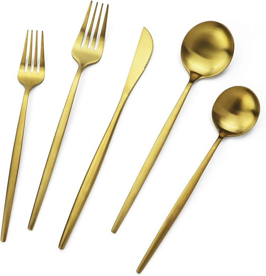 Gold Silverware Set JASHII 40 Pieces Flatware Set 304 Stainless Steel Flat Cutlery Set for 8 Matte Kitchen Forks Knife Spoons Set, Satin Finish Tableware Set for Home and Restaurant, Dishwasher Safe