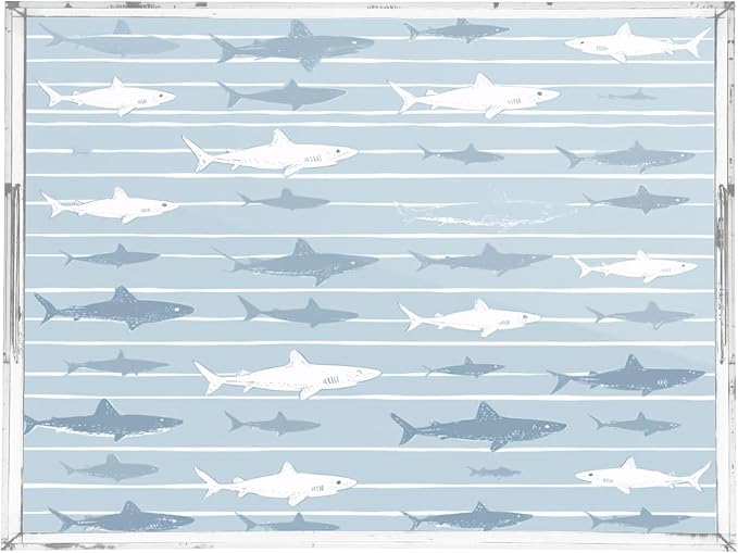 Serving Tray with Handles Clear Acrylic Tray 12x16 Inch Decorative Rectangular Tray Organizer for Ottoman Coffee Table Bathroom Blue Striped Sharks