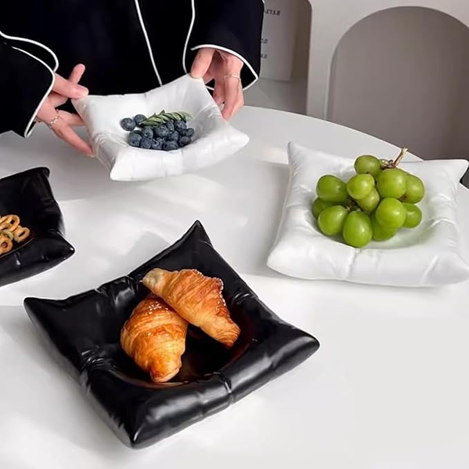 Ceramic Pillow-Shaped Dinner Plate Square Pillow Dessert Plate Serving Dishes for Salad Fruit Steak Tableware Dish Creative Appetizer Plate for Wedding Kitchen Party White 6"